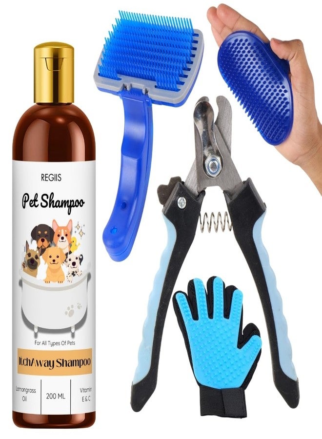 مجموعة ريجيس للعناية بالحيوانات الأليفة مع شامبو إيتش أواي، وفرشاة ذاتية التنظيف، وقفاز لإزالة الشعر الزائد، وتركيبة زيت عشبة الليمون 200 مل لجميع أنواع الحيوانات الأليفة (عبوة من 5 قطع) - Image 1